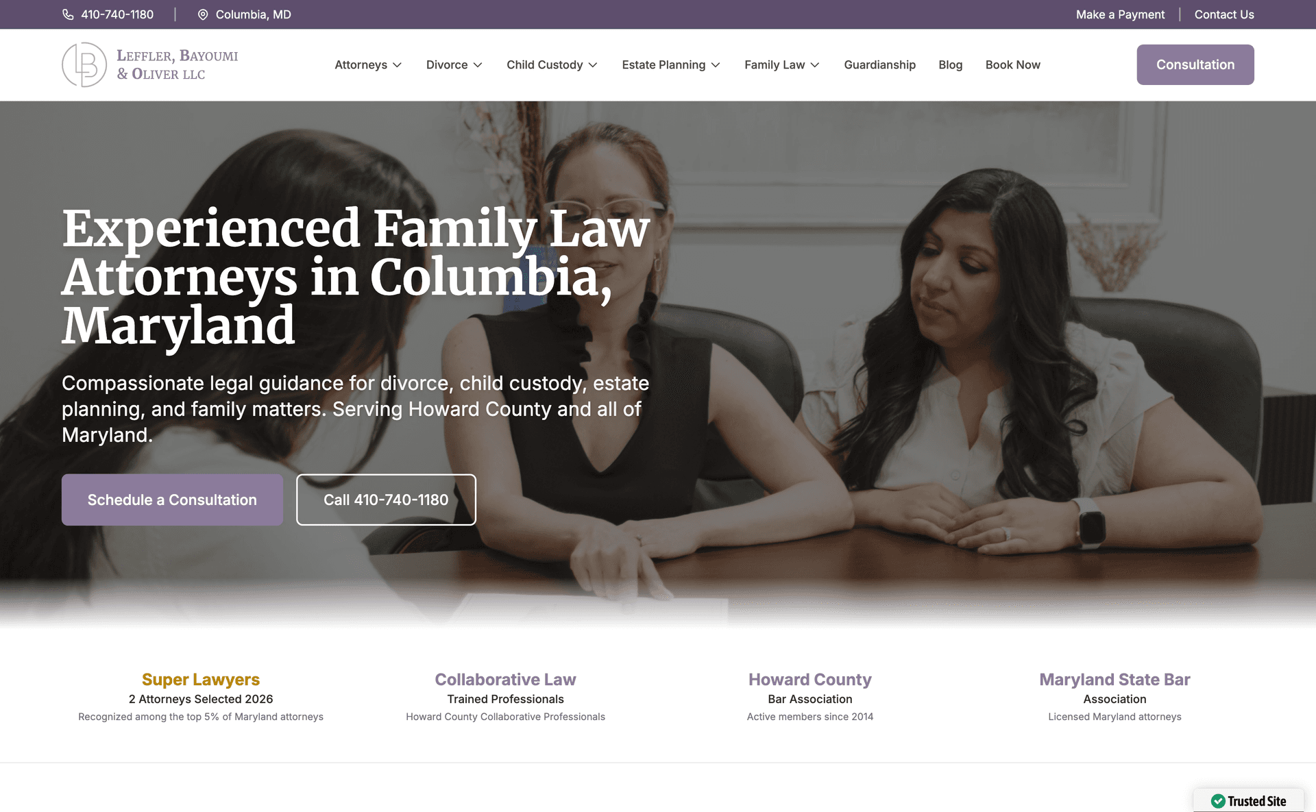 Leffler, Bayoumi & Oliver, LLC website homepage - desktop view designed by DGK Technologies